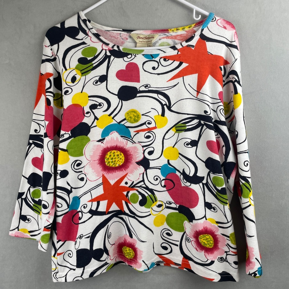 Norm Thompson Womens L Cotton Long Sleeve Tee Floral Heart Star Abstract Print